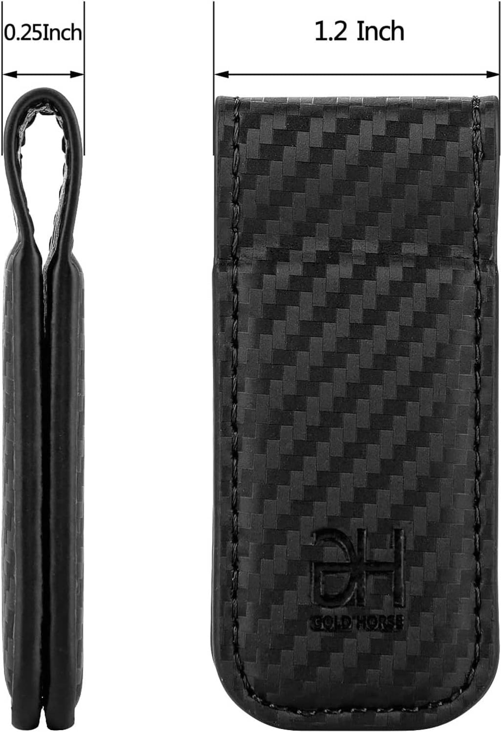 Slim black carbon-fiber money clip card holder shown in size with metal clip sides