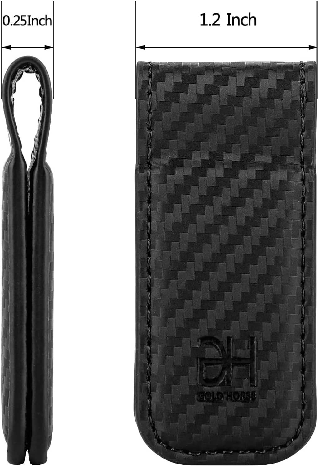 Slim black carbon-fiber money clip card holder shown in size with metal clip sides