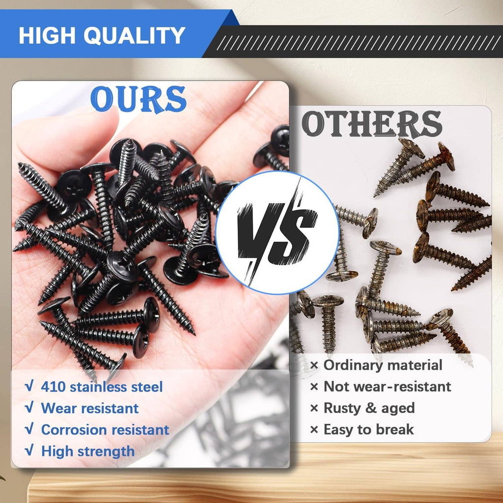 Black screws in hand, cross-drive heads visible
