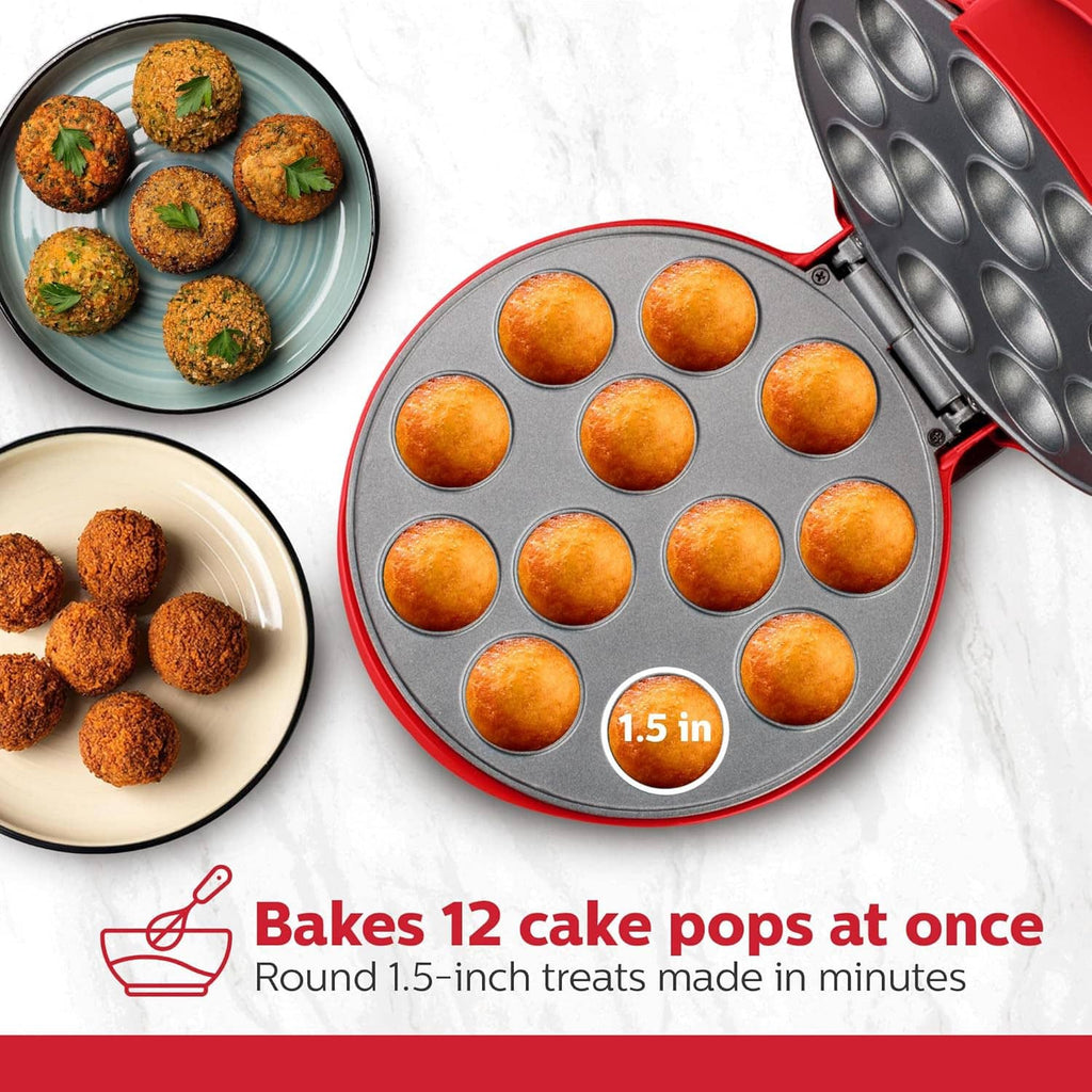 Red 12-cavity cake pop maker open to bake round cake pops with non-stick plates