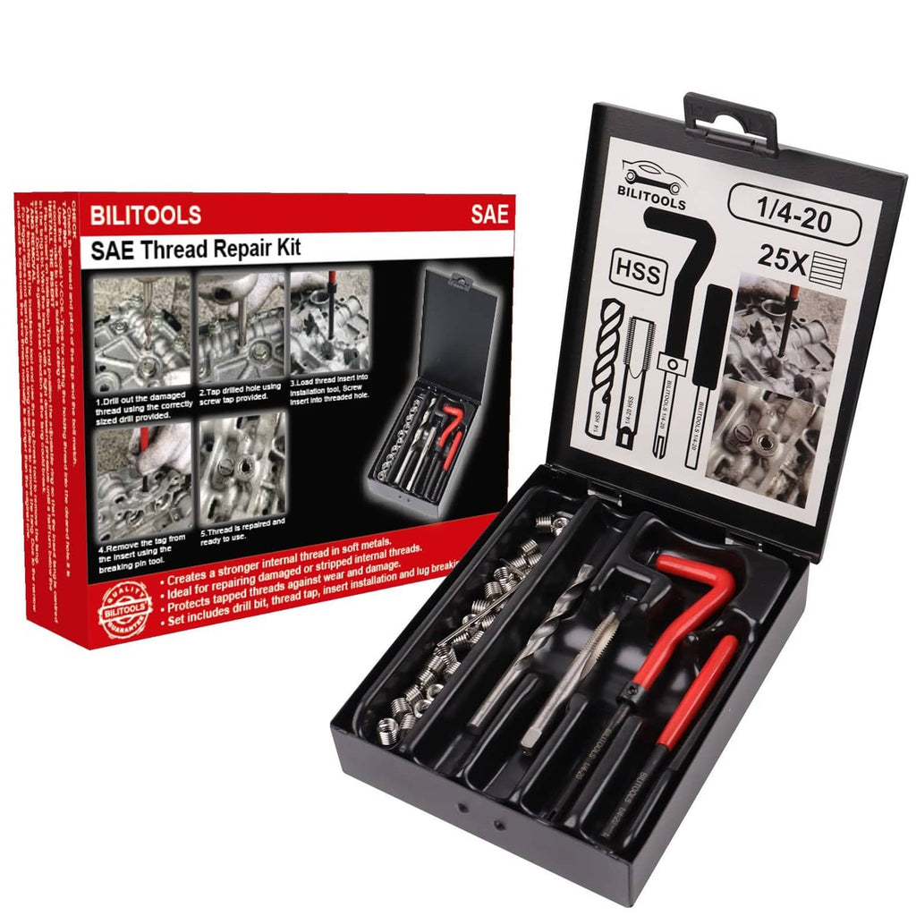 Thread repair kit box and case with HSS drill bits, taps, and red-handled tools for 1/4-20