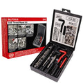 Thread repair kit box and case with HSS drill bits, taps, and red-handled tools for 1/4-20