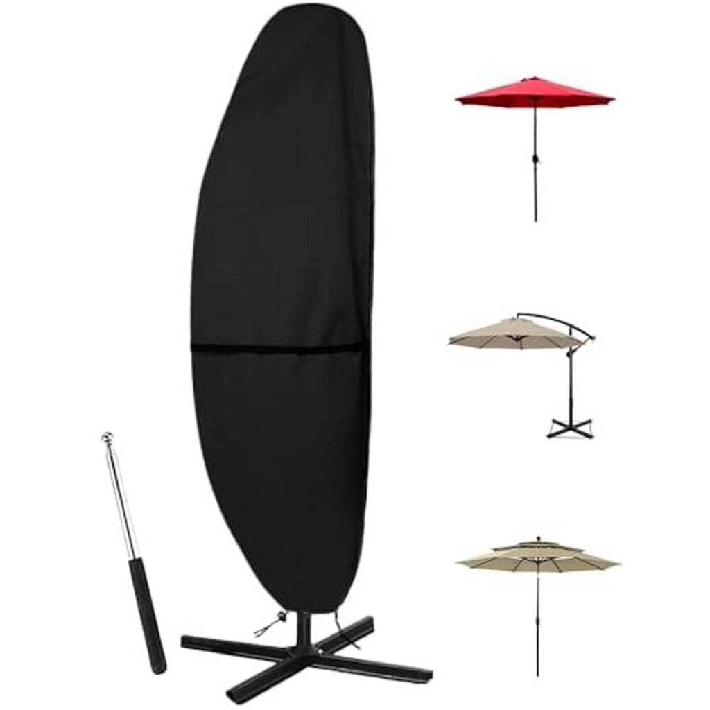Black offset umbrella parasol cover, fitted oval with front strap and elastic hem