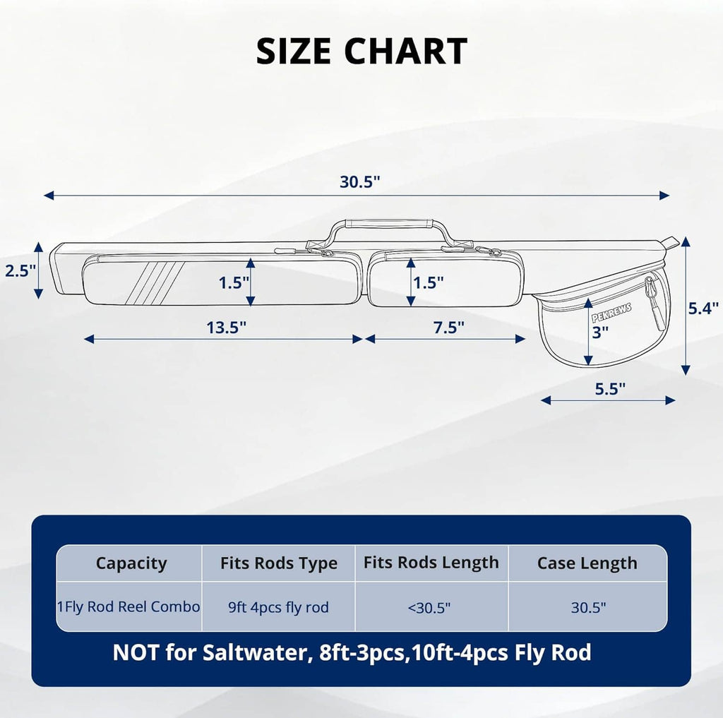 Fly rod case size chart showing 30.5 in case length and 5.4 in pouch width.
