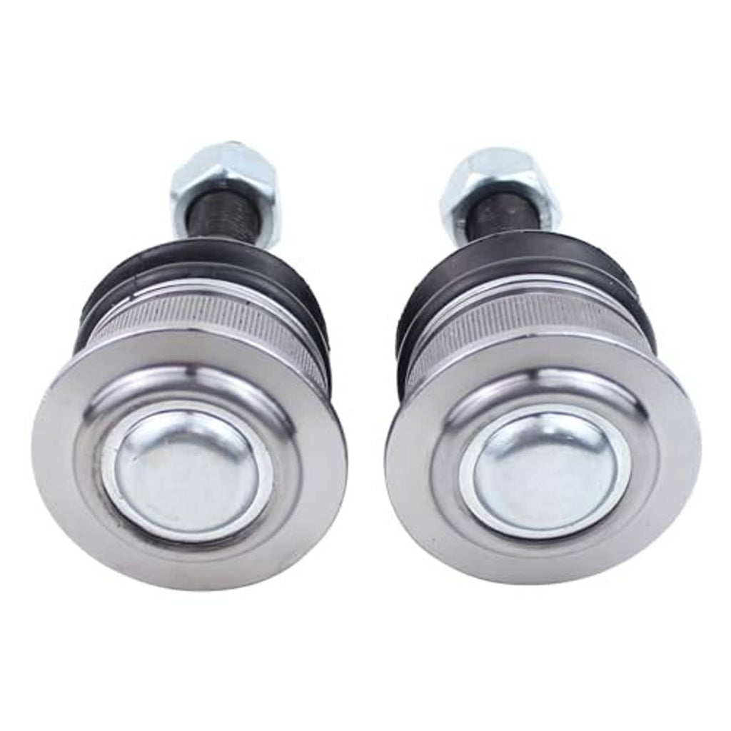 Two front upper ball joints with circular chrome caps, black boots, and hex mounting tops