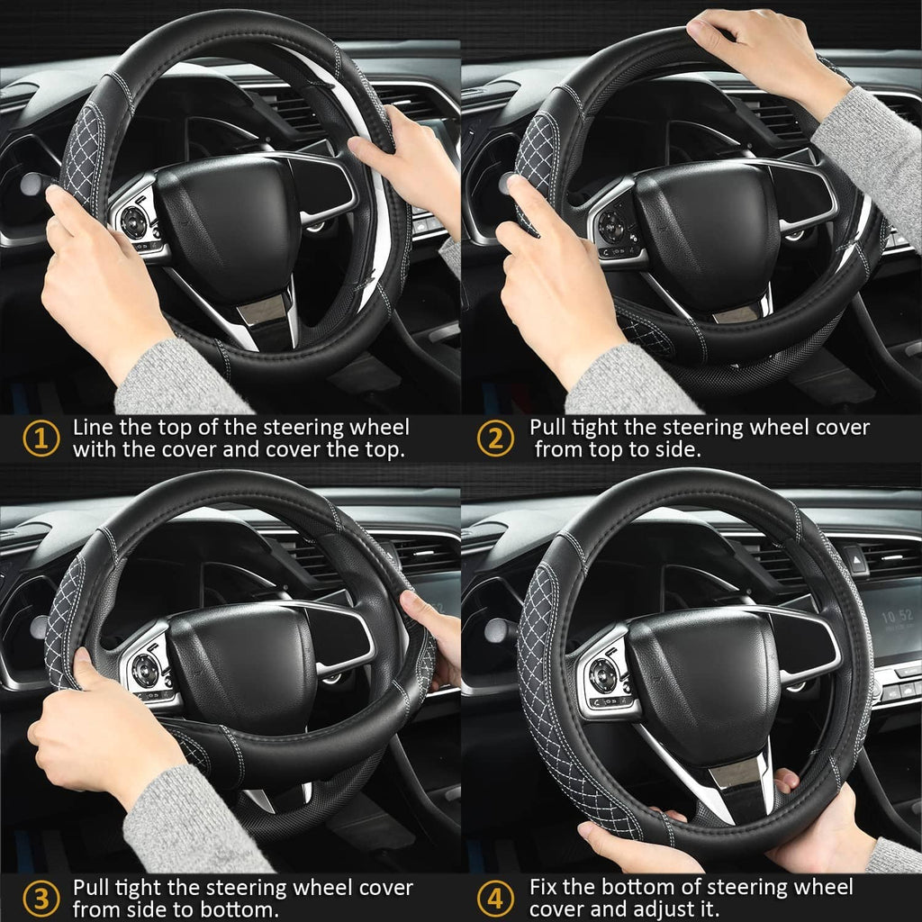 Hands installing a black steering wheel cover with white stitching and contoured wheel fit