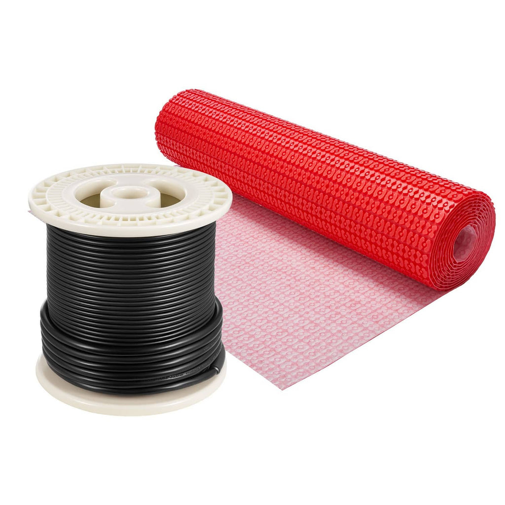 Electric radiant floor heating mat with cable spool and red mesh roll, light pink backing