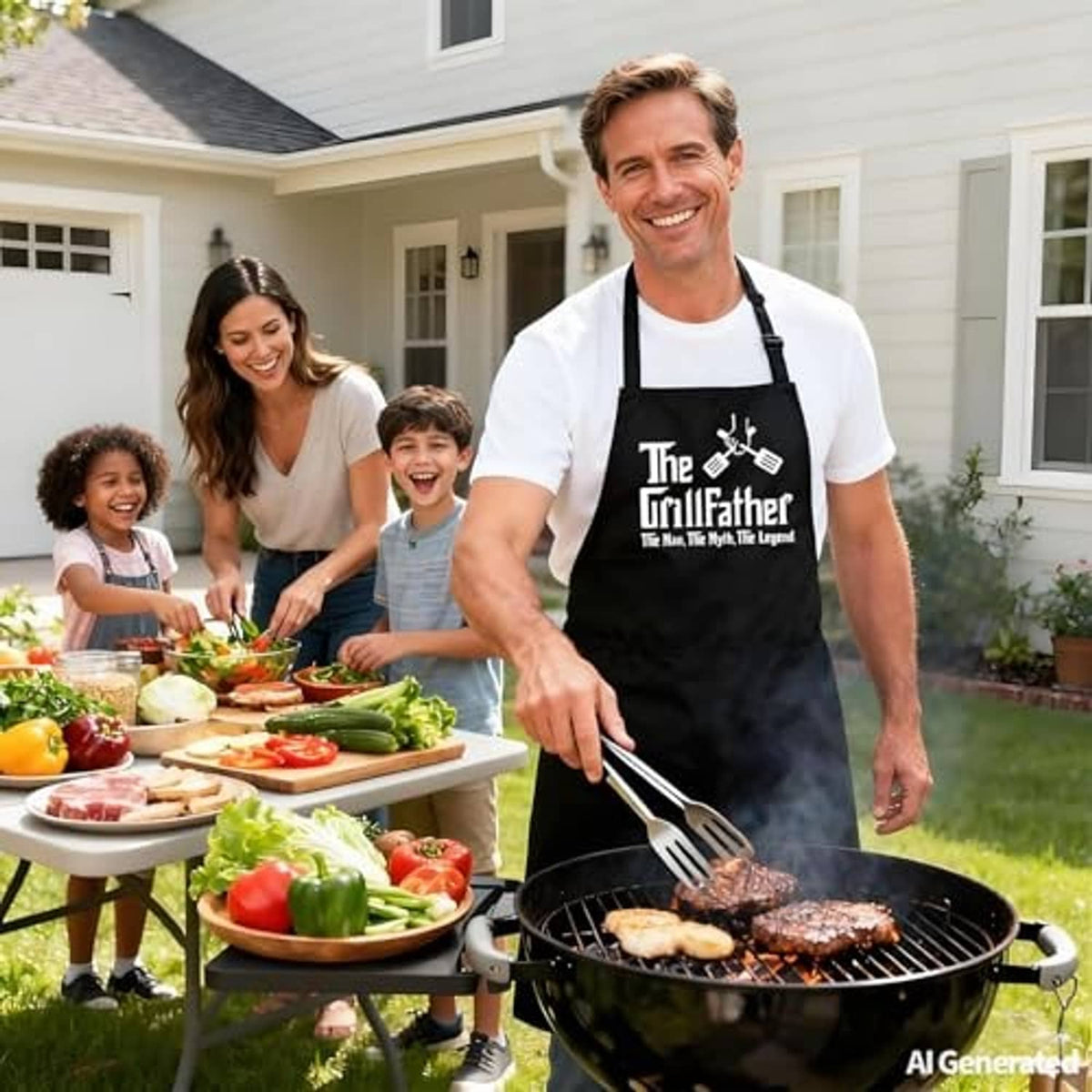 Black grill apron with “The Grillfather” logo on a man grilling outdoors