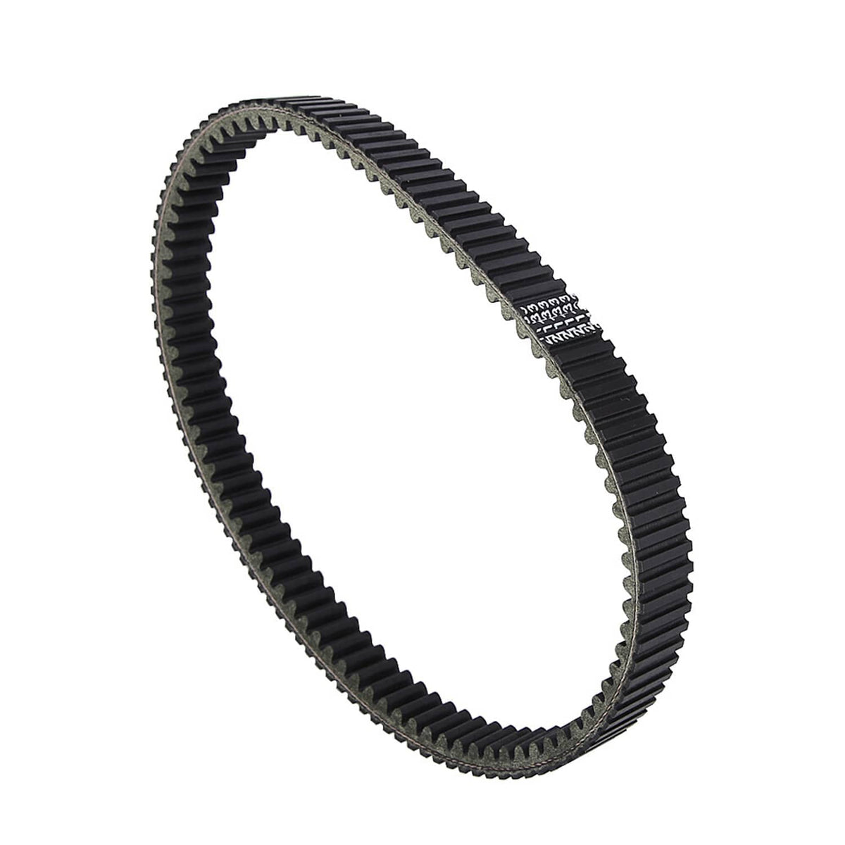 Black toothed drive belt shown in a curved side profile