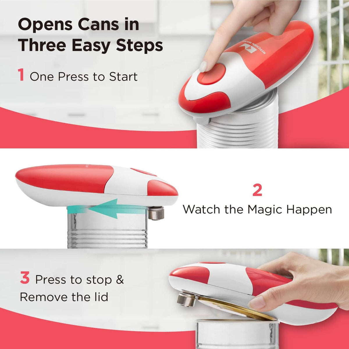 Red-and-white electric can opener resting on a metal can lid with hand on handle