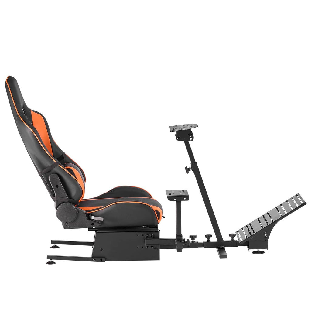 Racing wheel stand with black/orange racing seat and adjustable pedal platform, base