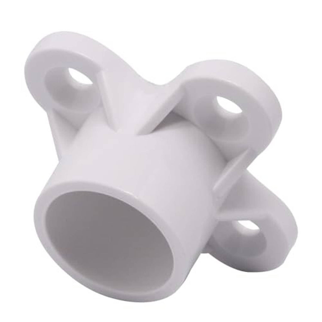Close-up of white PVC pipe flange cap fitting with smooth round interior and flange holes