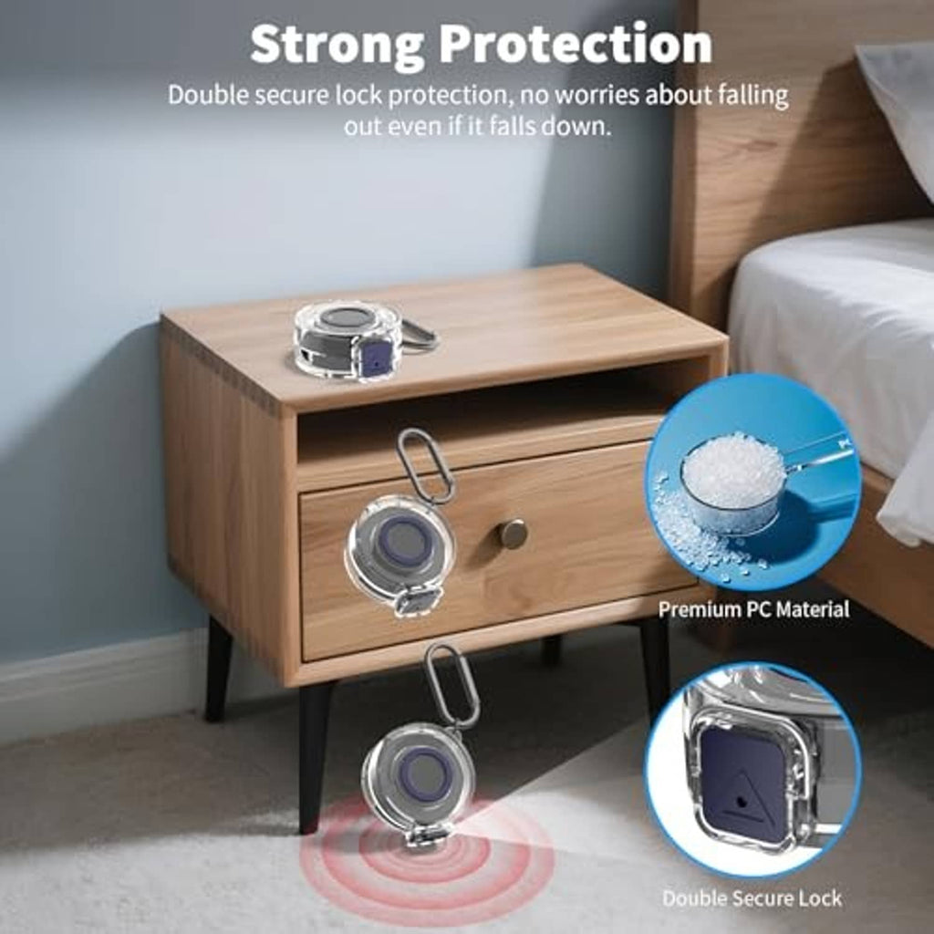 Clear protective charging case with black insert on a stand, includes carabiner and lock