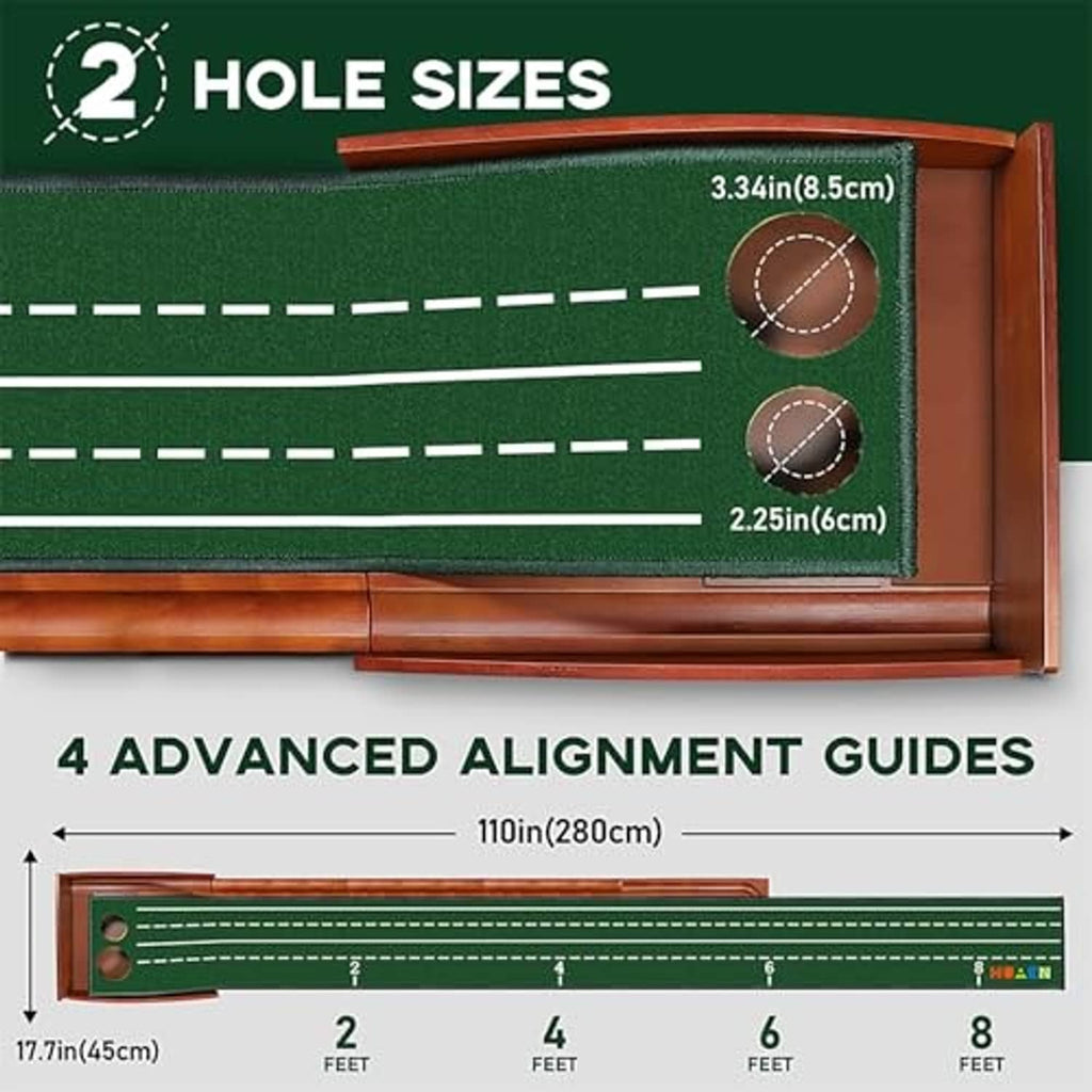 Close-up of green putting surface with dashed alignment guides and two hole targets