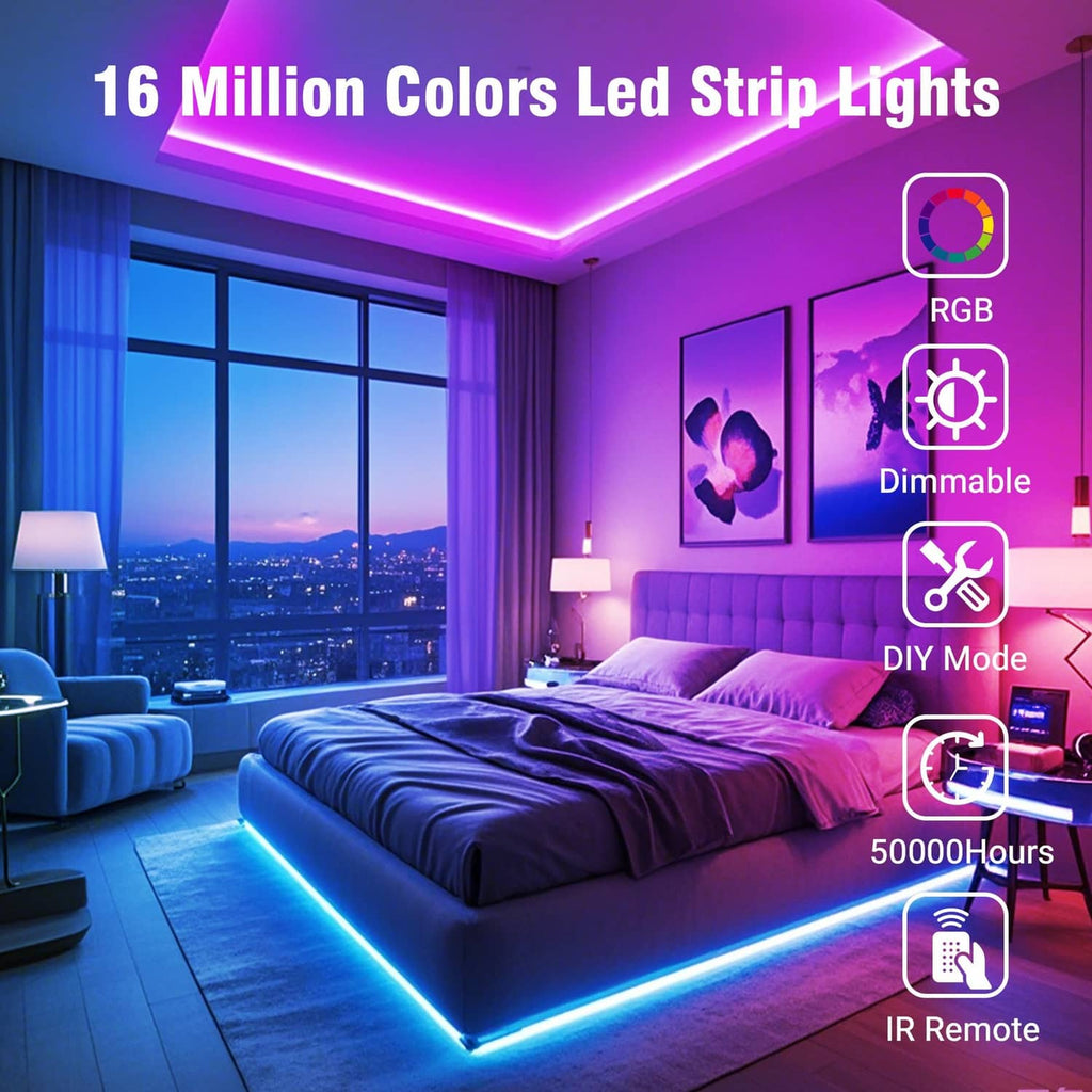 RGB LED strip light outlining a bed, multicolor glowing light
