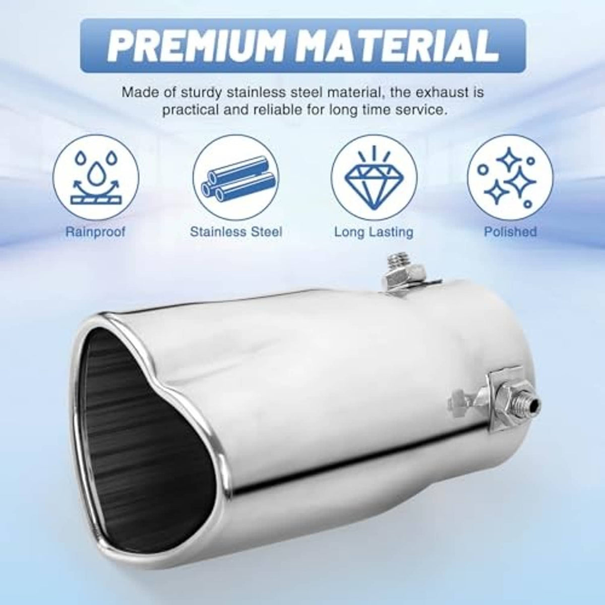Polished stainless steel exhaust tip with heart-shaped inlet, wide round dark outlet.