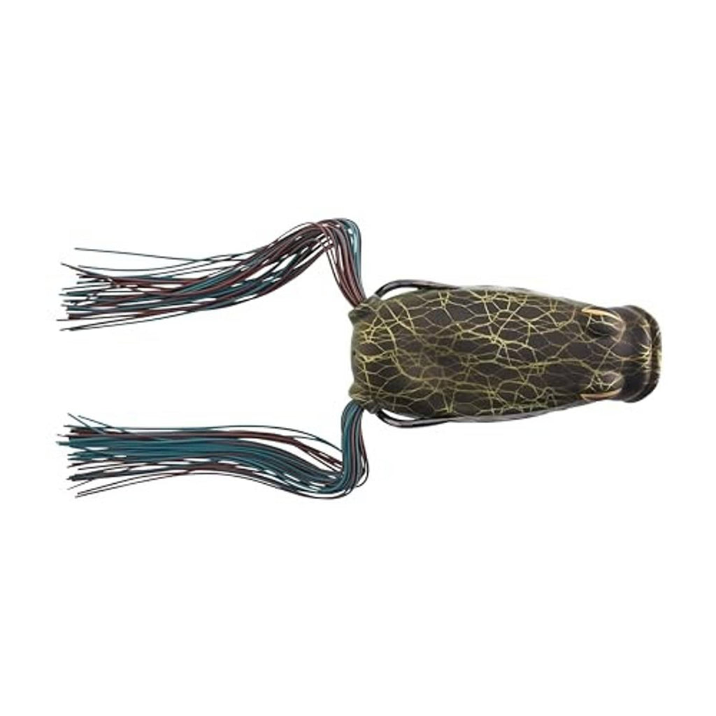 Dark camo frog lure with rounded body and teal-brown skirt strands, side view