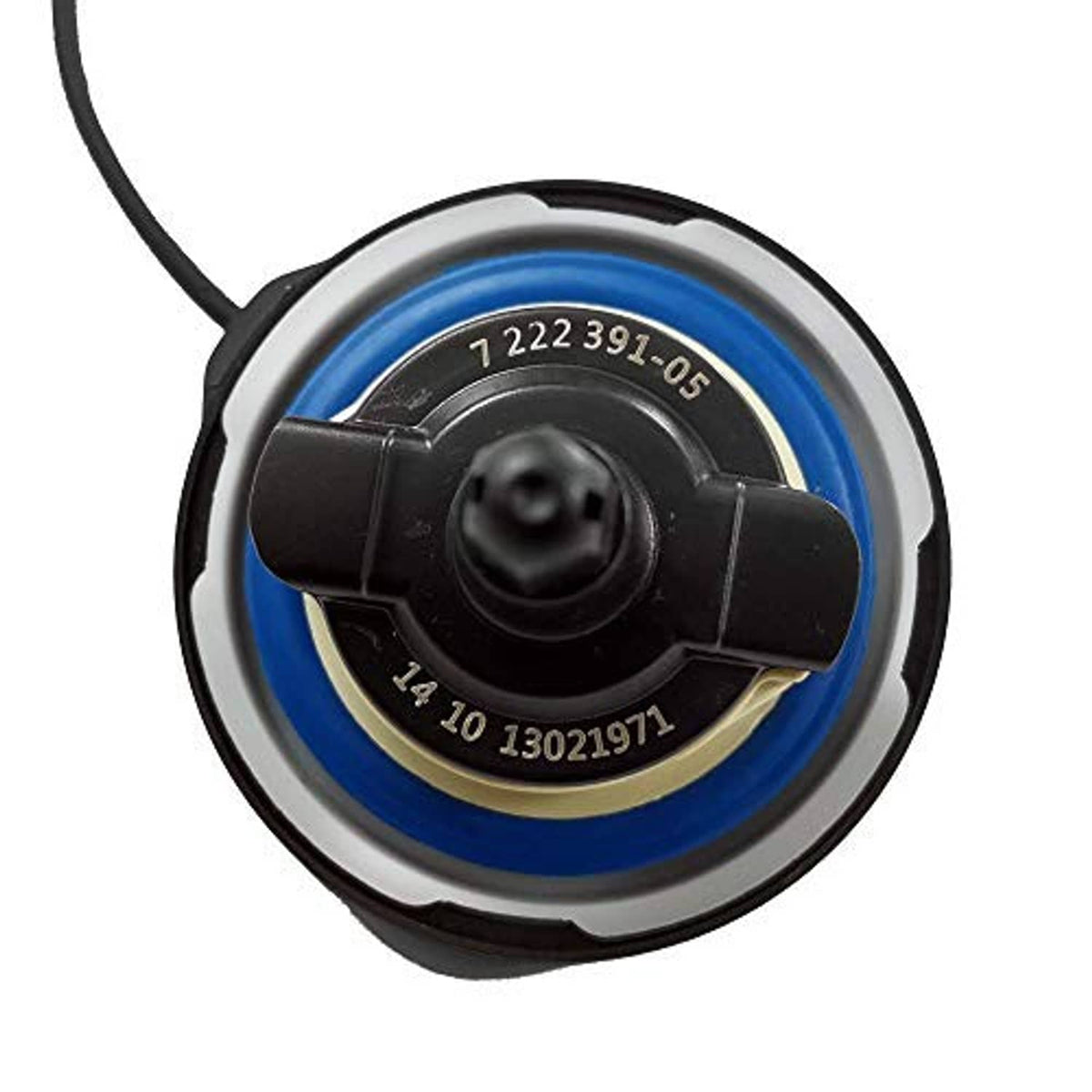 Fuel tank gas cap underside with blue seal ring and molded part numbers