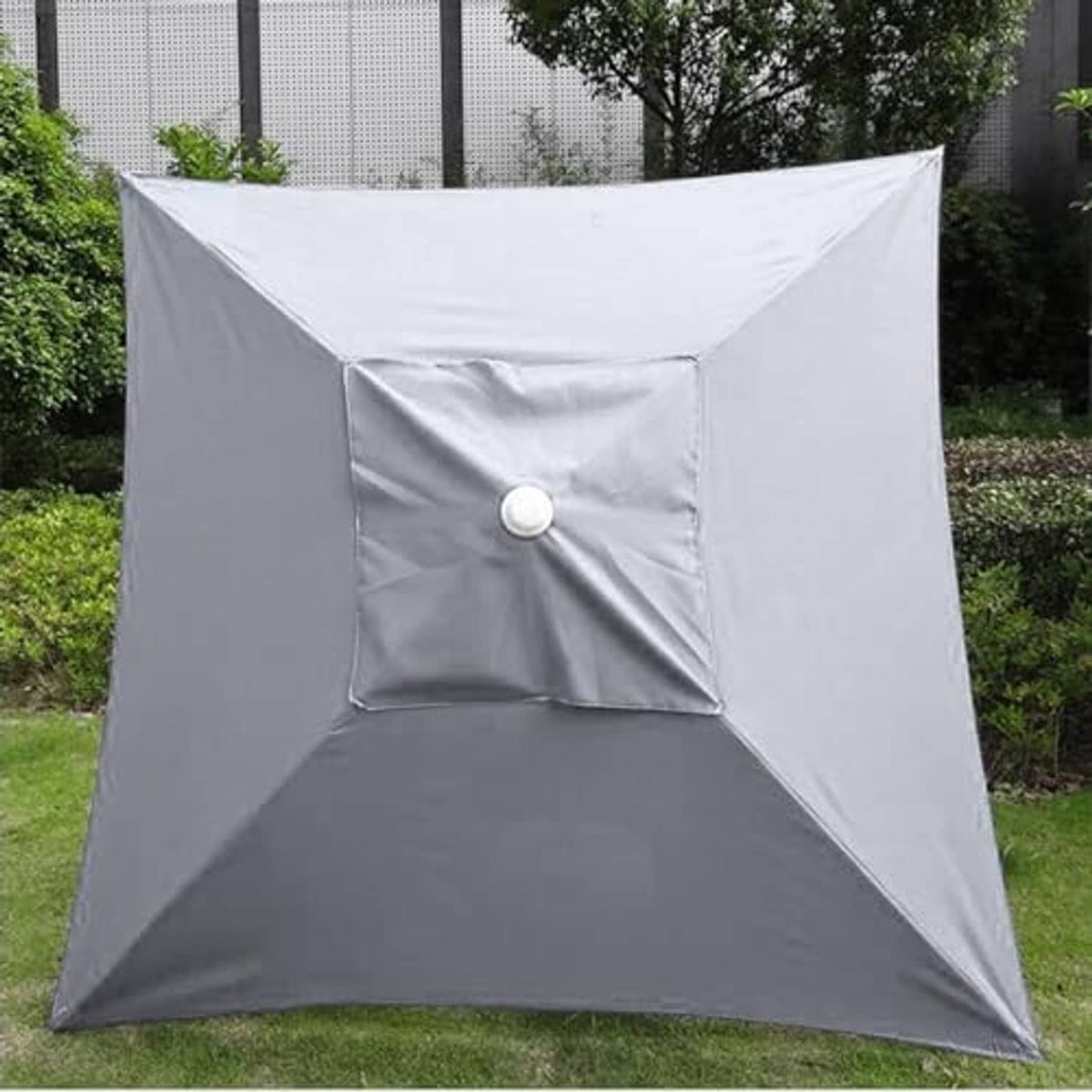 Light gray square patio umbrella replacement cover with center button and pleated panels