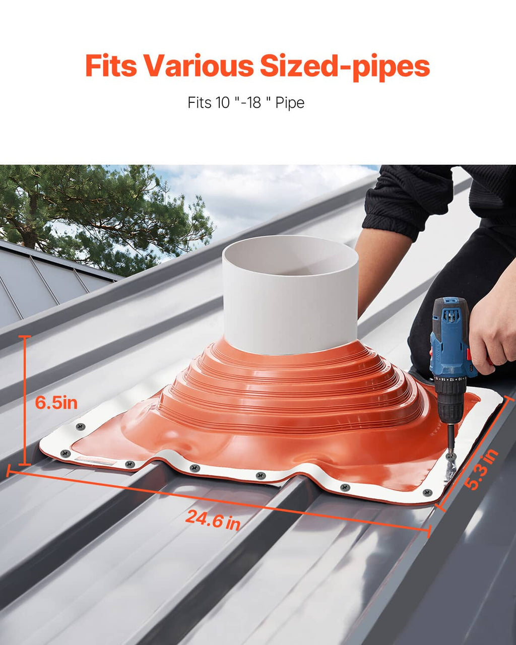 Orange roof pipe flashing boot fitted on corrugated metal roof with vent pipe
