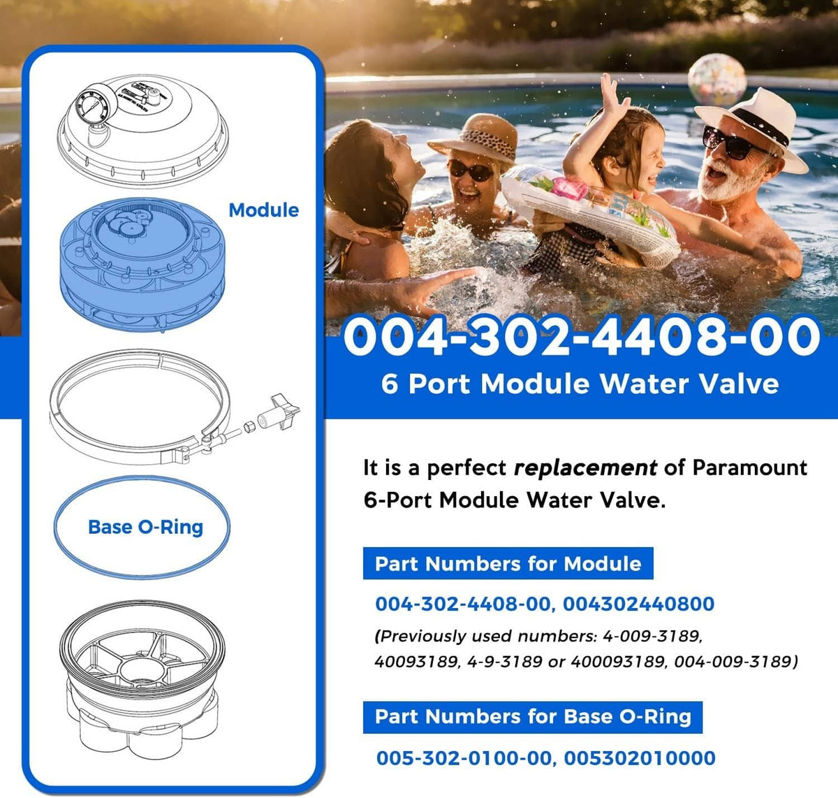 6-port water valve module diagram with base O-ring detail