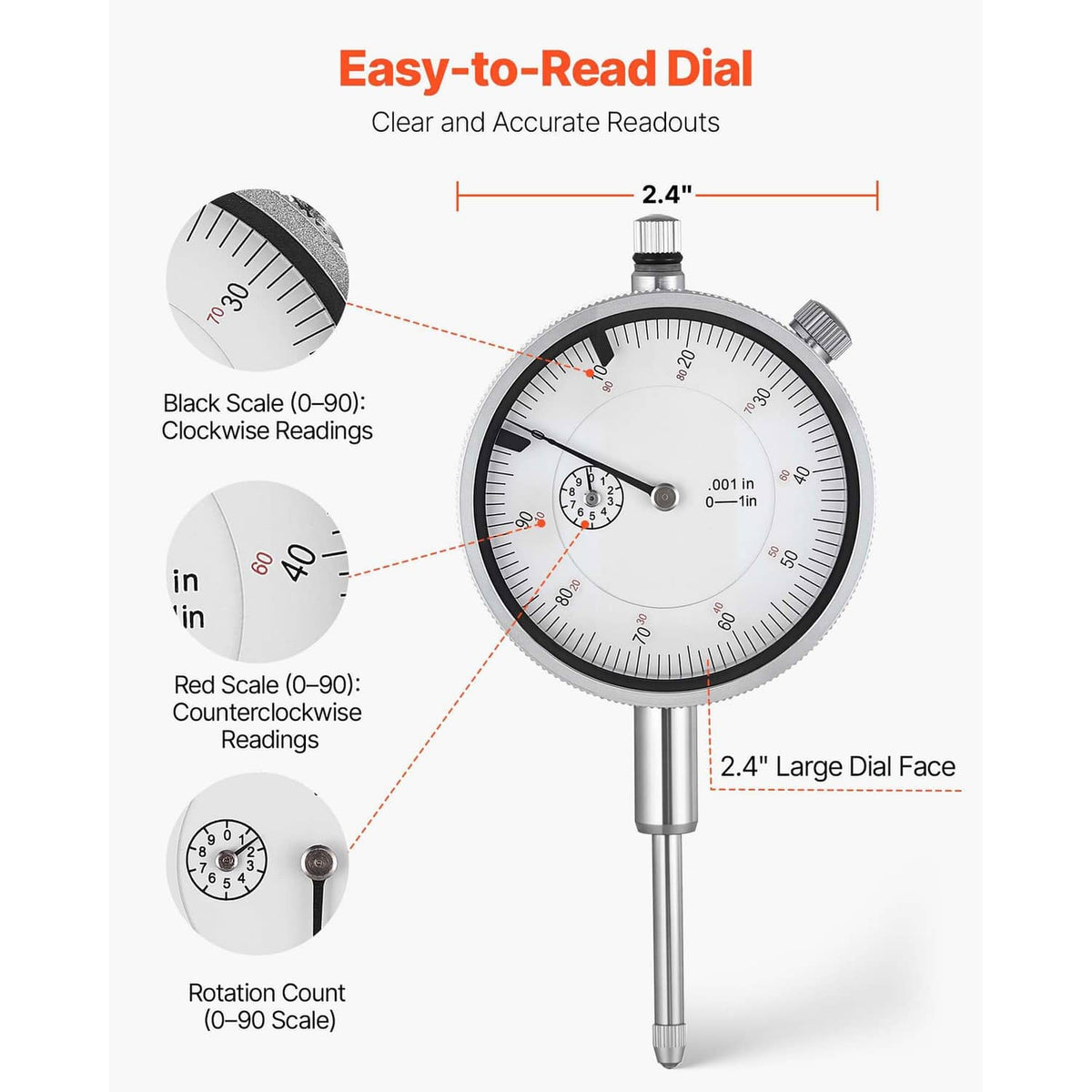 Dial test indicator gauge with large dial face, numbered scales and central pointer
