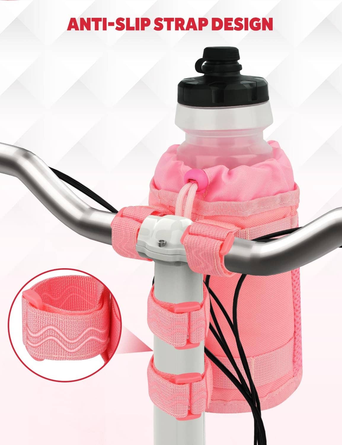 Pink handlebar bottle holder with anti-slip strap wraps around a bottle