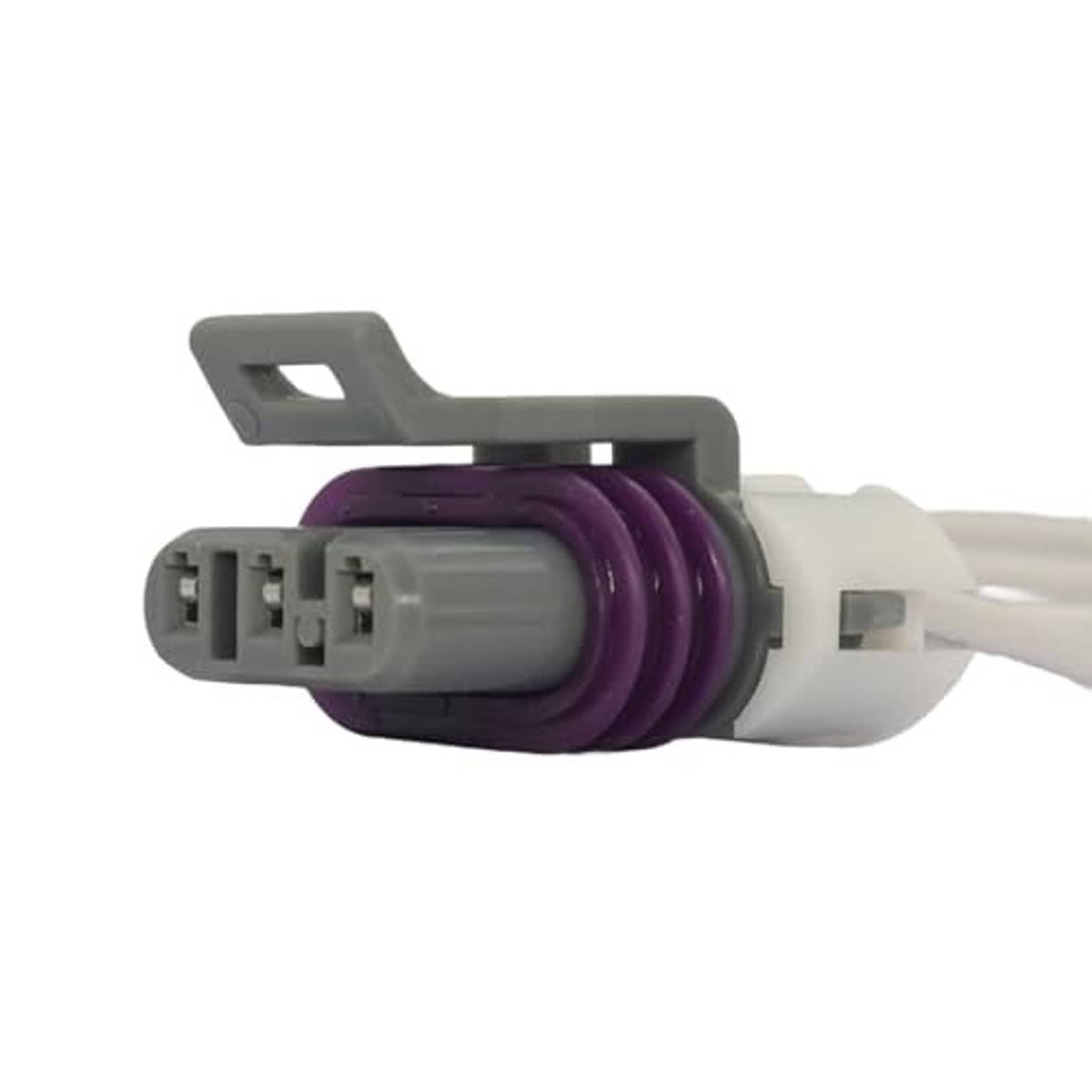 Side view of 4-pin throttle sensor connector wiring harness with purple cable