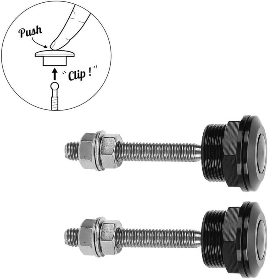 Two black push-button hood latch pins with threaded shafts and hex mounting pieces