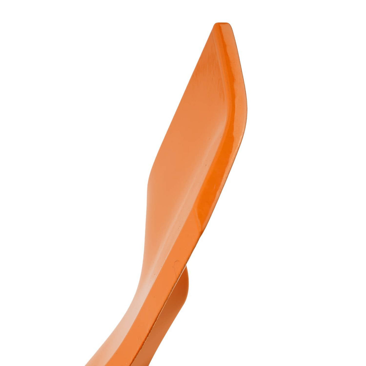 Single orange deck mower blade with curved mowing edge and mounting holes
