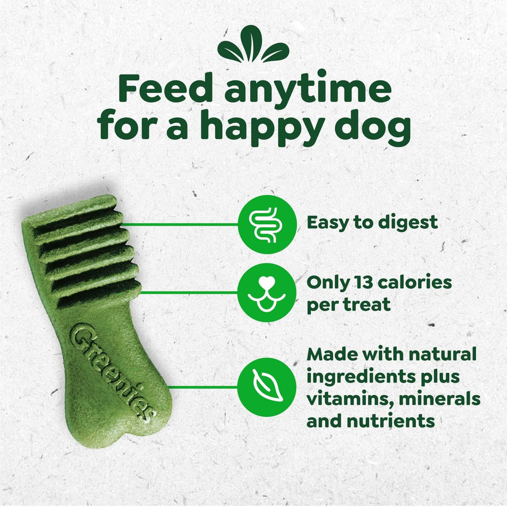 Greenies Anytime Bites blueberry chew treats, shown with easy to digest benefits icons