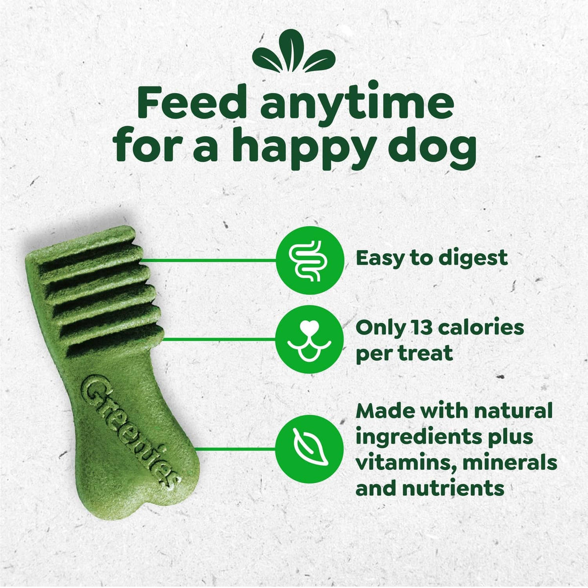 Greenies Anytime Bites blueberry chew treats, shown with easy to digest benefits icons