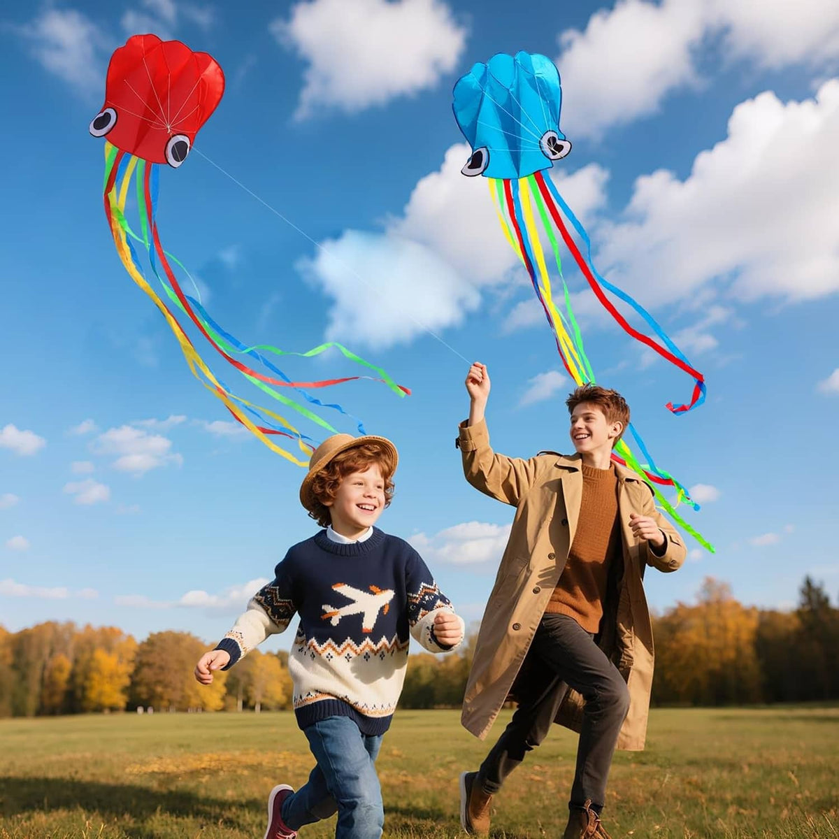 Red and blue octopus kites flying with long rainbow streamers
