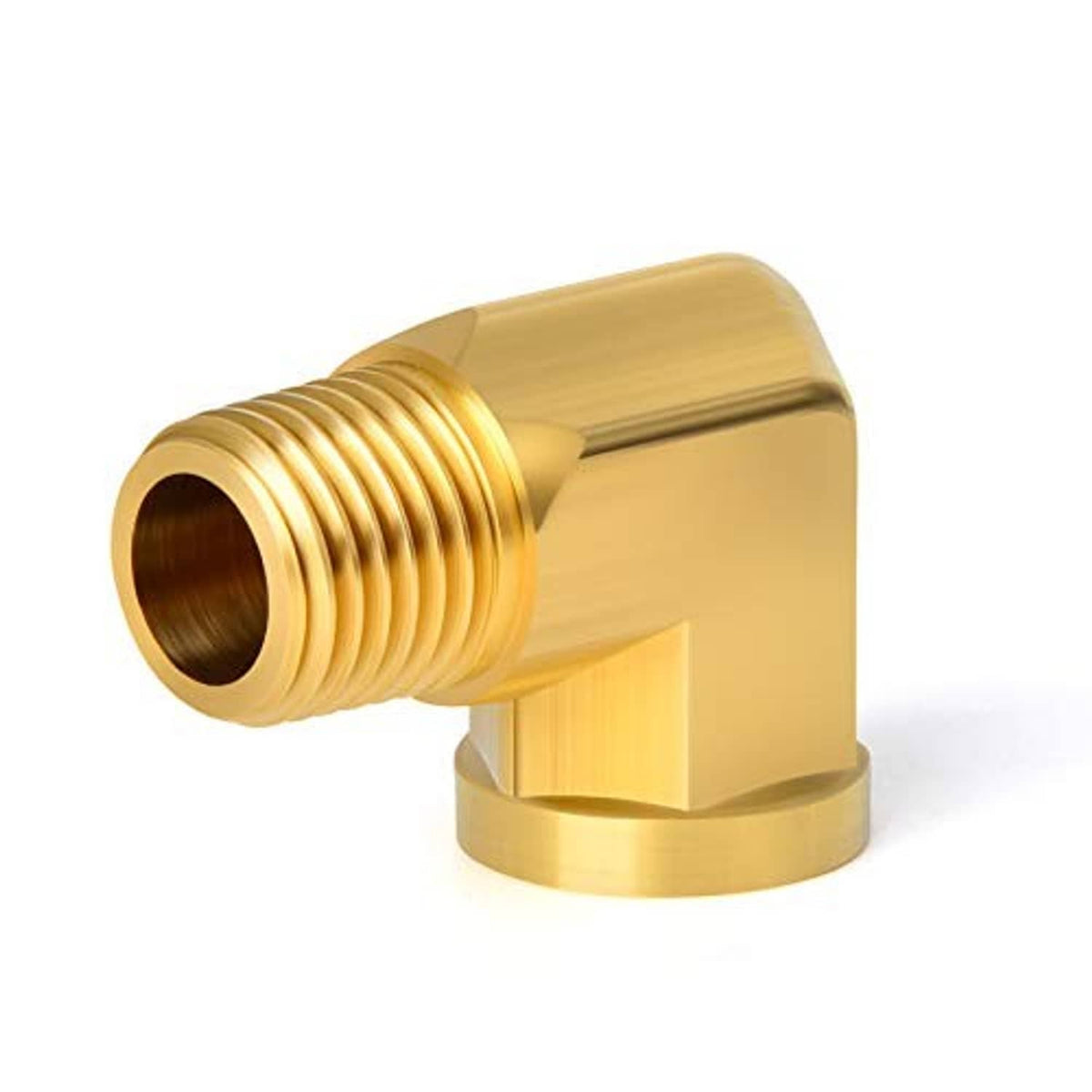 Brass 90-degree elbow fitting with external NPT threads and hex base