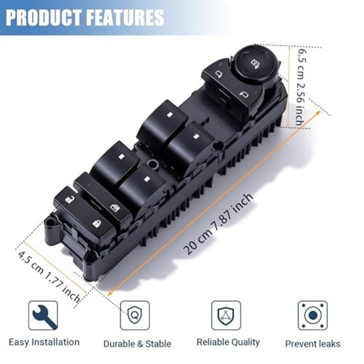 Black power window switch with door lock button, front driver side control panel