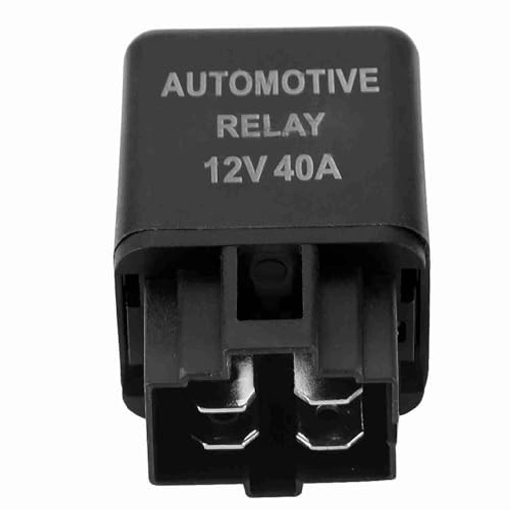 Automotive relay 12V 40A front view with metal contacts on black casing