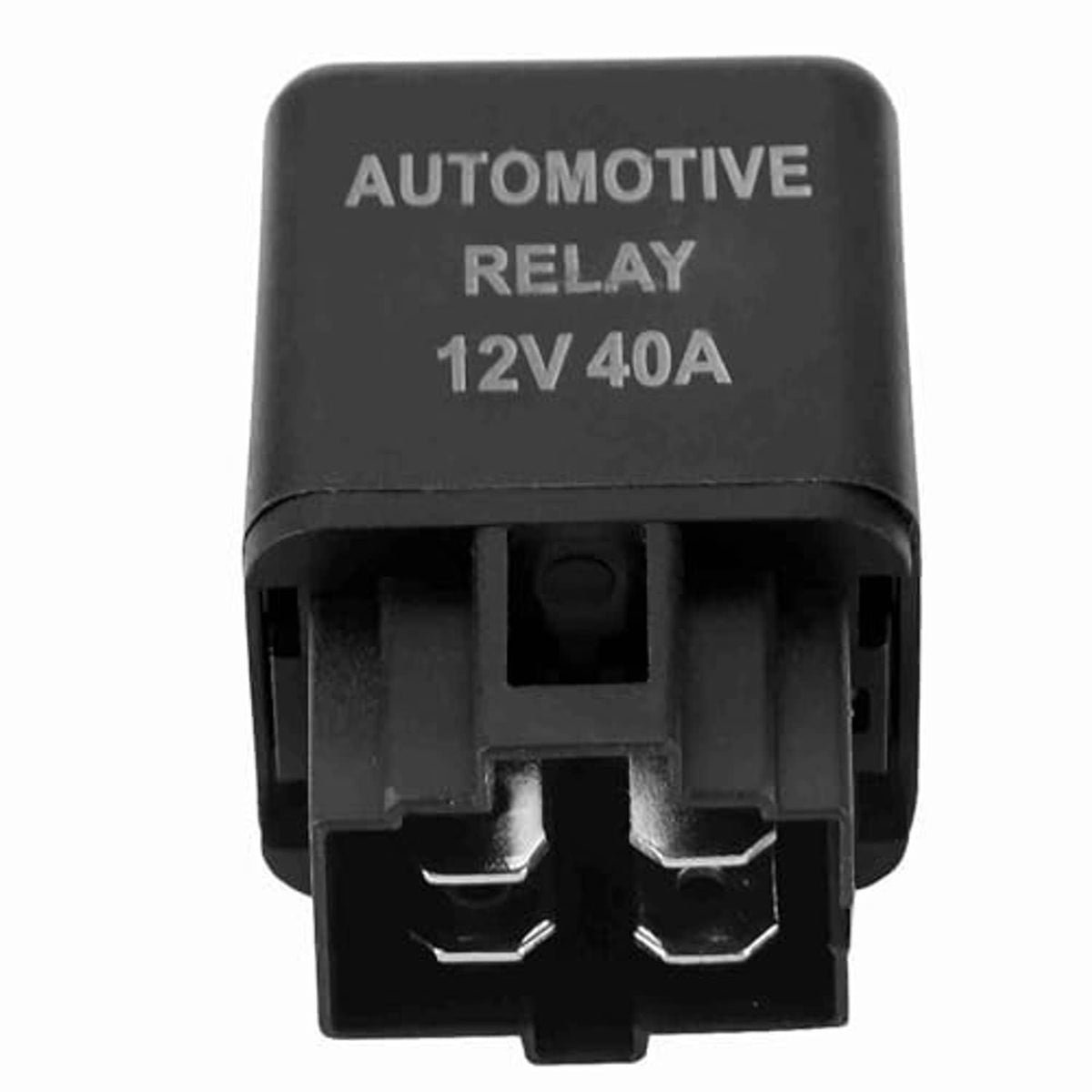 Automotive relay 12V 40A front view with metal contacts on black casing