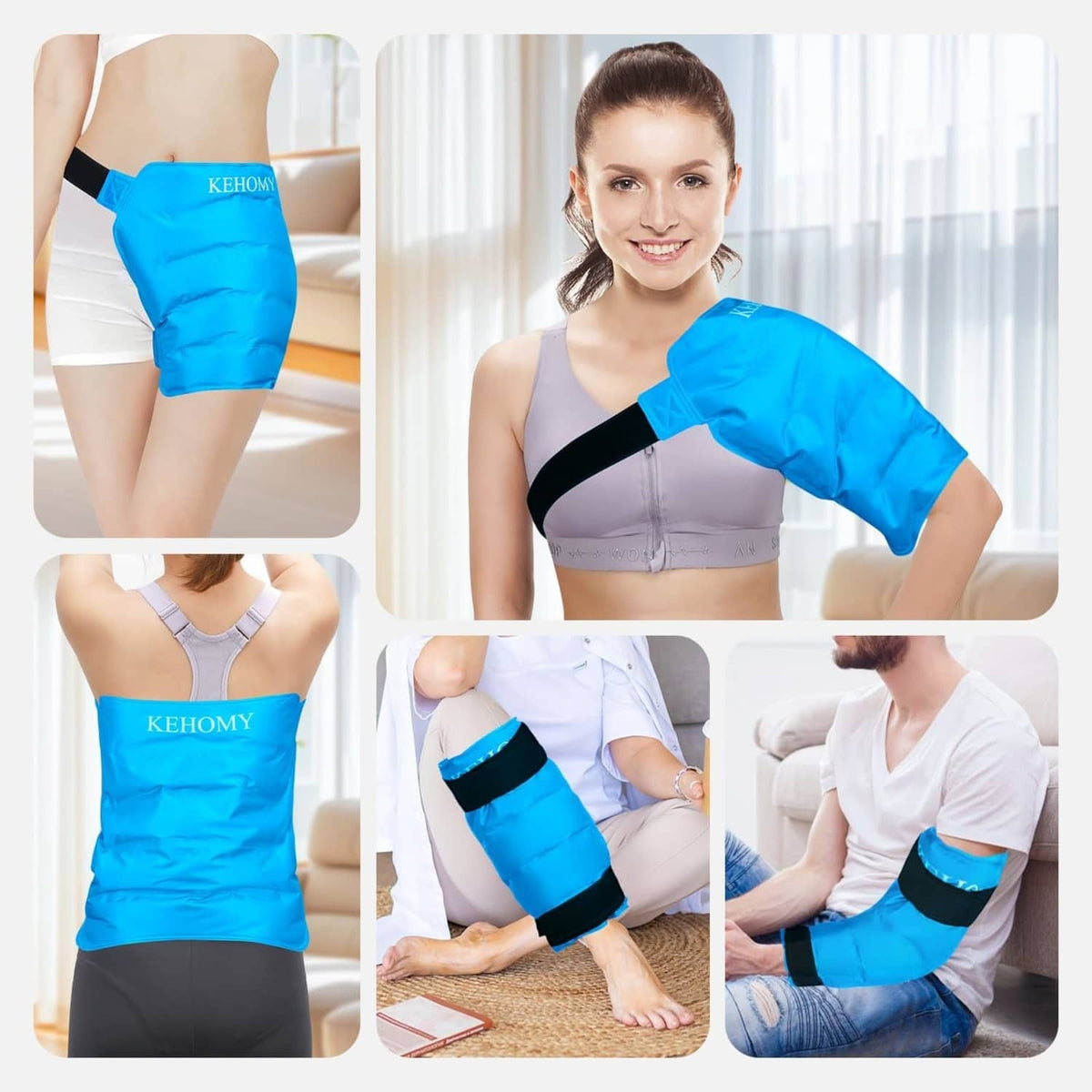 Blue gel ice pack wrap with black strap, worn on hip and thigh