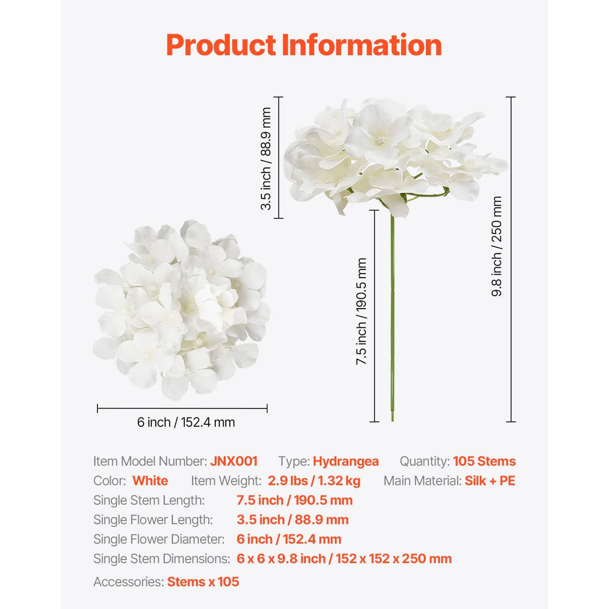 Artificial white hydrangea flowers with green stems, shown in single-stem and cluster views