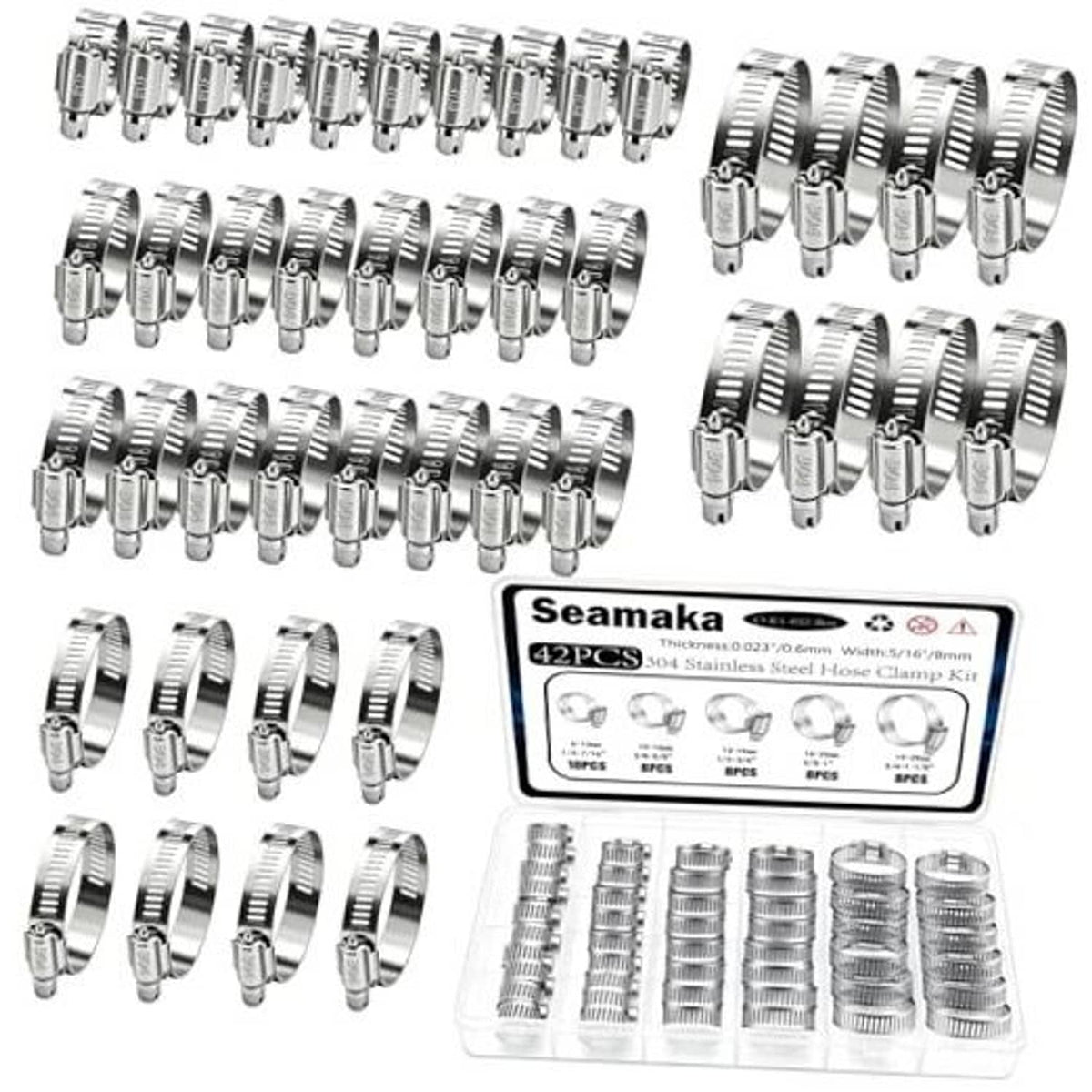 Stainless steel hose clamp assortment, 42-piece set with slotted bands and screw housings