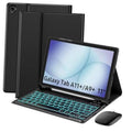 Black tablet keyboard case with teal backlit keys and wireless mouse