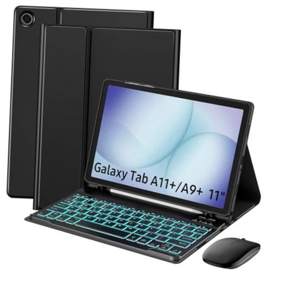 Black tablet keyboard case with teal backlit keys and wireless mouse