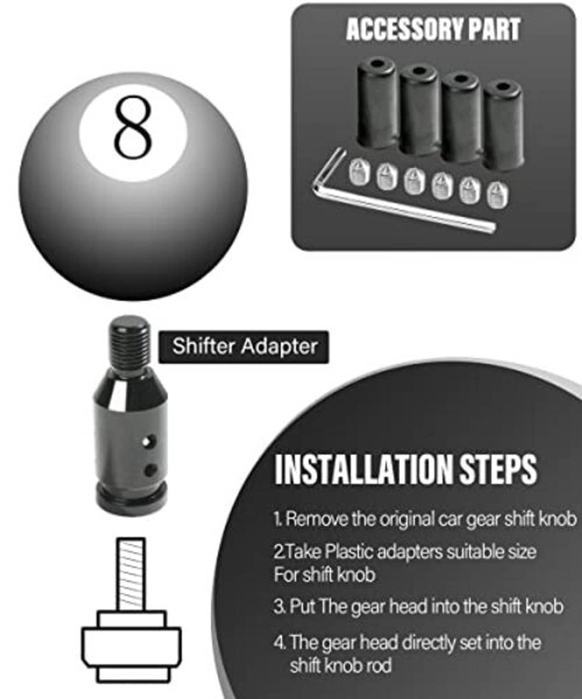 Black spherical gear shift knob adapter with shifter adapter and four sleeves