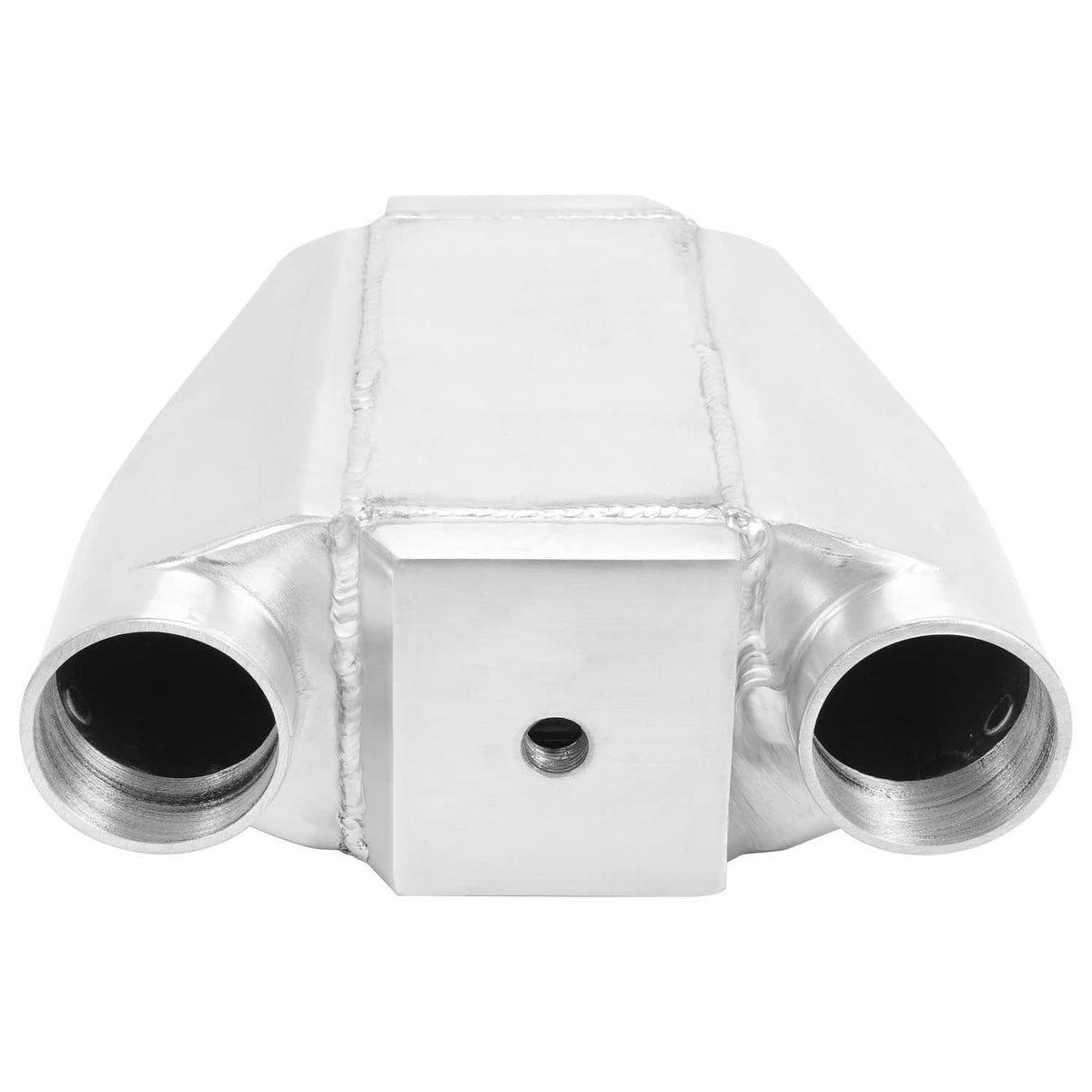 Universal air-to-water intercooler front view with two round ports and center threaded bolt hole