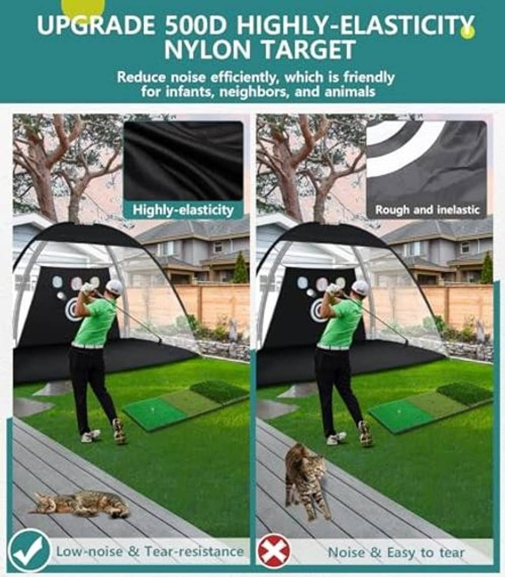 Upgraded golf practice net with target screen and elastic, tear-resistant mesh panels