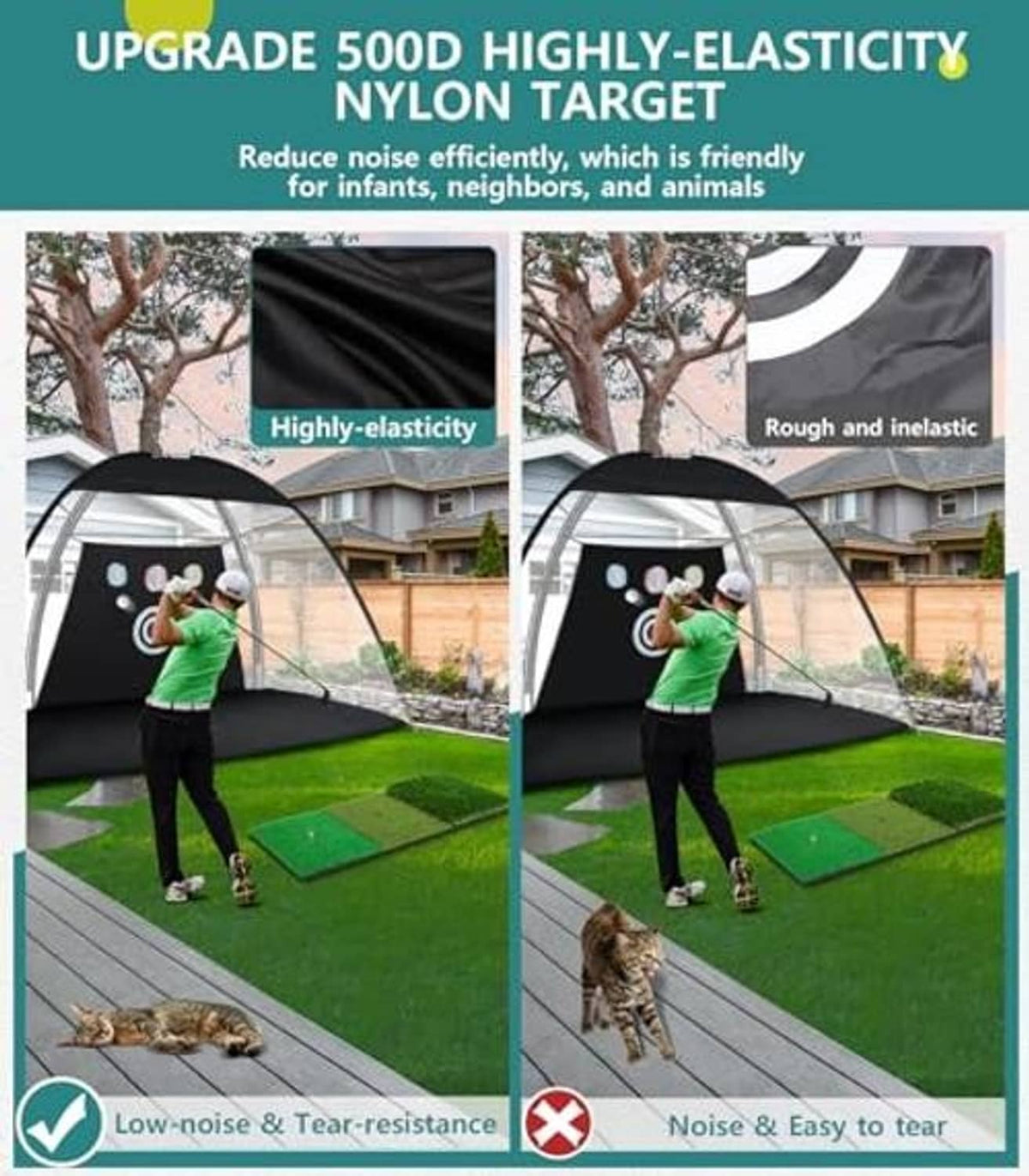 Upgraded golf practice net with target screen and elastic, tear-resistant mesh panels