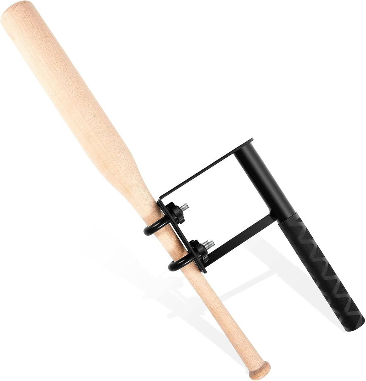 Baseball swing trainer with light wood bat and black adjustable U-frame bracket