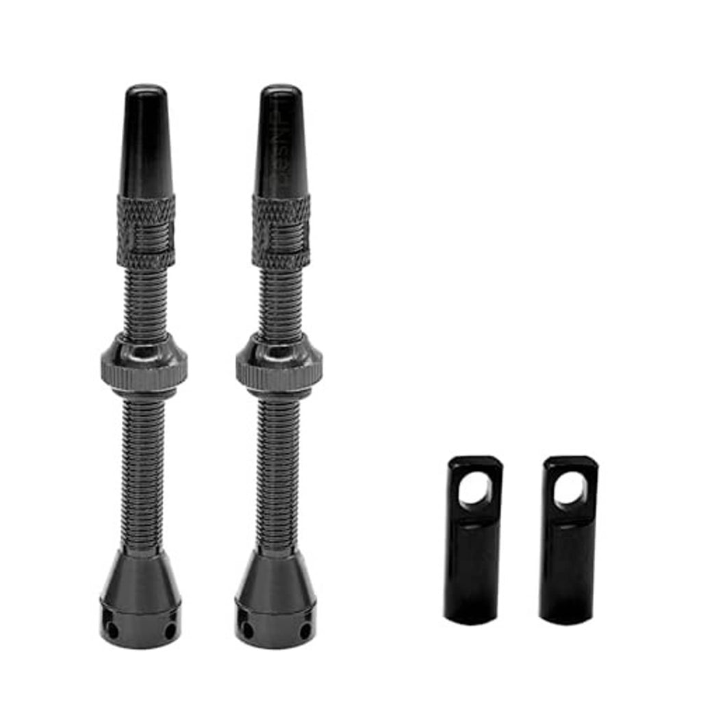 Two black tubeless valve stems with two separate valve stem caps
