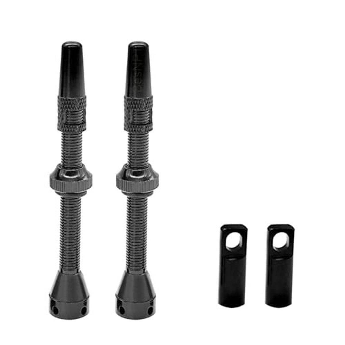 Two black tubeless valve stems with two separate valve stem caps