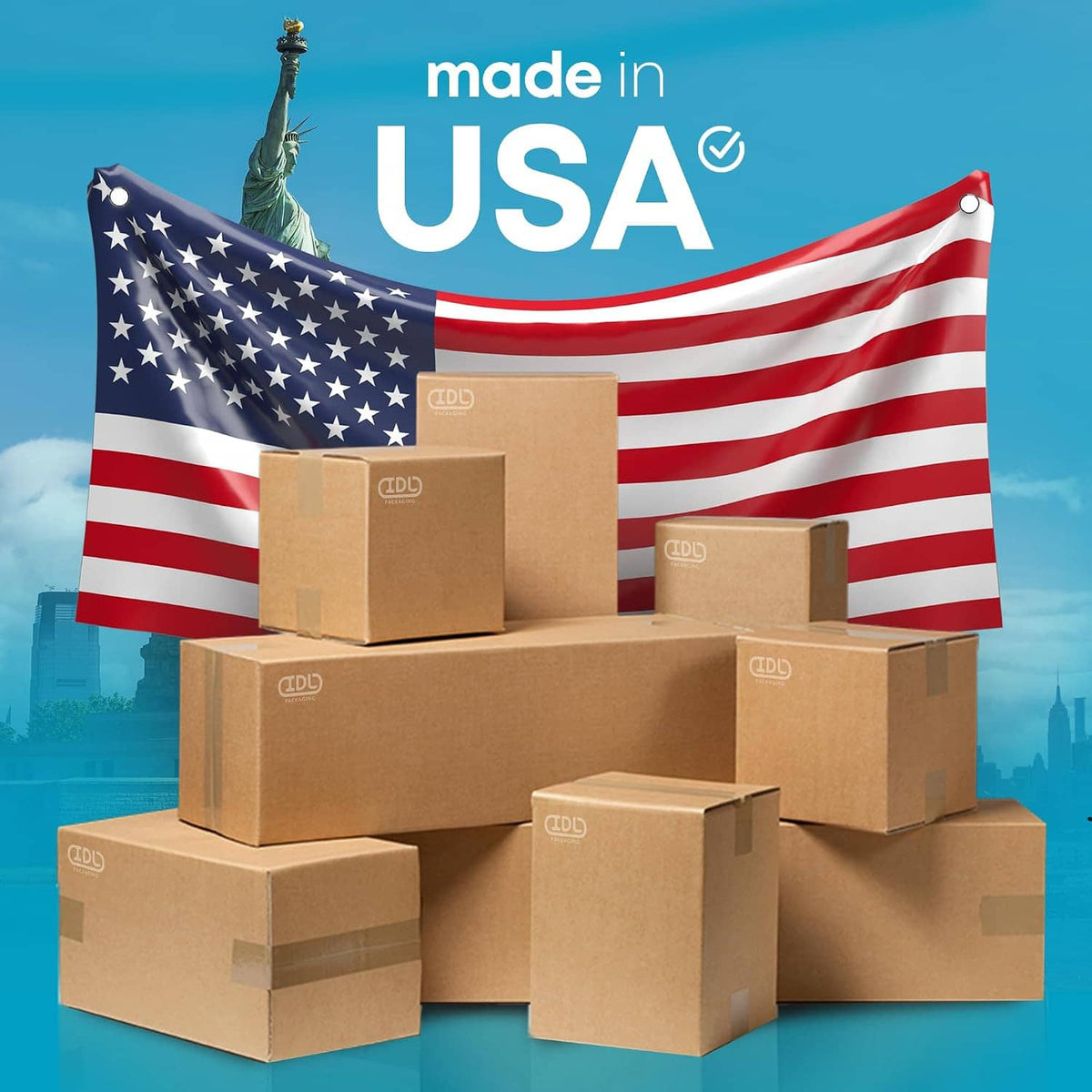 Stack of tall corrugated shipping boxes, made in USA